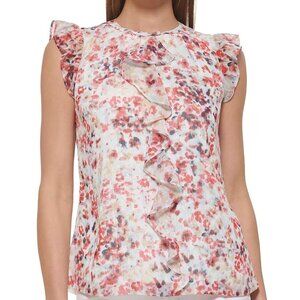 DKNY Womens Floral Ruffle Trim Sleeveless Blouse In Lightweight Satin Fabric Siz